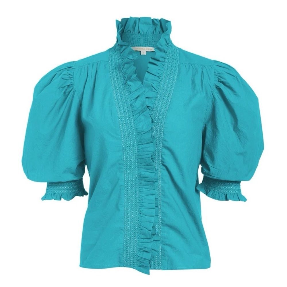 Ruffled Puff-Sleeve Blouse in Teal